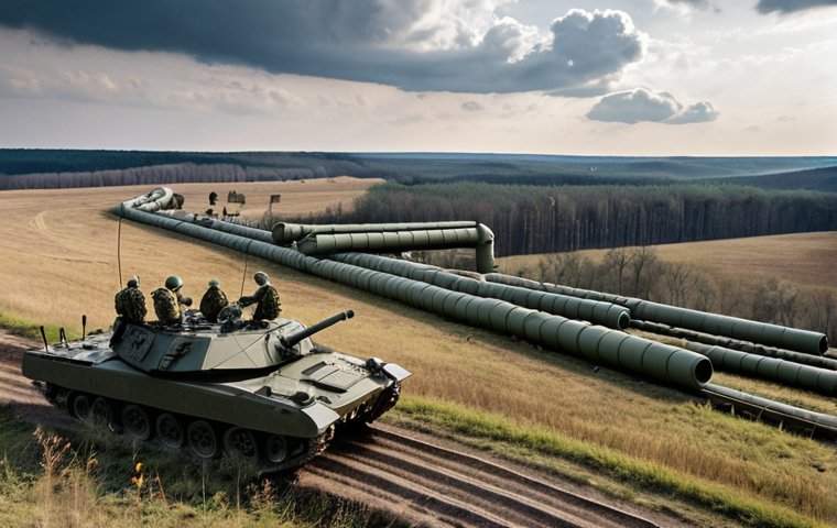 **Prompt:** A dramatic landscape showing Poland's strategic location bordering both Eastern and Western influences. In the foreground, modern Polish soldiers train alongside US troops, symbolizing NATO presence. A pipeline snakes across the land, representing energy diversification away from Russia. The sky is filled with cybernetic nodes, visually hinting at cybersecurity threats. The overall tone is tense but resilient, reflecting Poland's historical struggles and contemporary determination.
