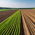 **A vibrant field in Mazovia, Poland, showcasing the revitalized soil after switching to organic farming methods. Worms are visible in the rich earth, and diverse crops are growing abundantly. The image should evoke a sense of ecological restoration and the benefits of sustainable agriculture.**