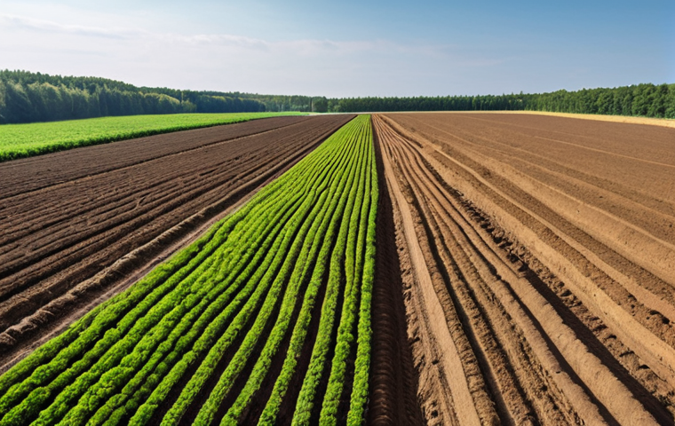 **A vibrant field in Mazovia, Poland, showcasing the revitalized soil after switching to organic farming methods. Worms are visible in the rich earth, and diverse crops are growing abundantly. The image should evoke a sense of ecological restoration and the benefits of sustainable agriculture.**