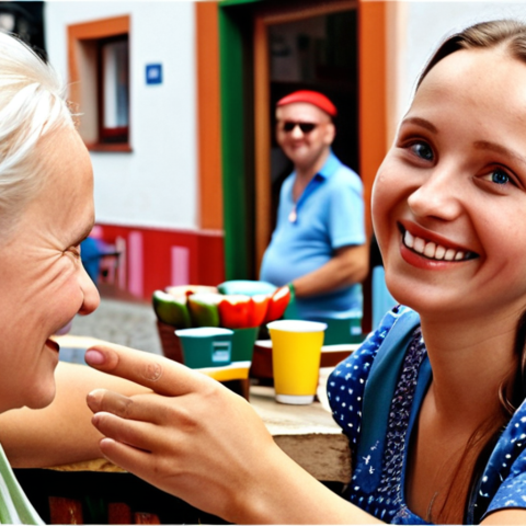 **A friendly Polish woman greeting a tourist.** Focus on a welcoming scene, perhaps in a market or cafe, showing the woman saying "Dzień dobry" with a smile. Capture the cultural ambiance of Poland.