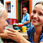 **A friendly Polish woman greeting a tourist.** Focus on a welcoming scene, perhaps in a market or cafe, showing the woman saying "Dzień dobry" with a smile. Capture the cultural ambiance of Poland.