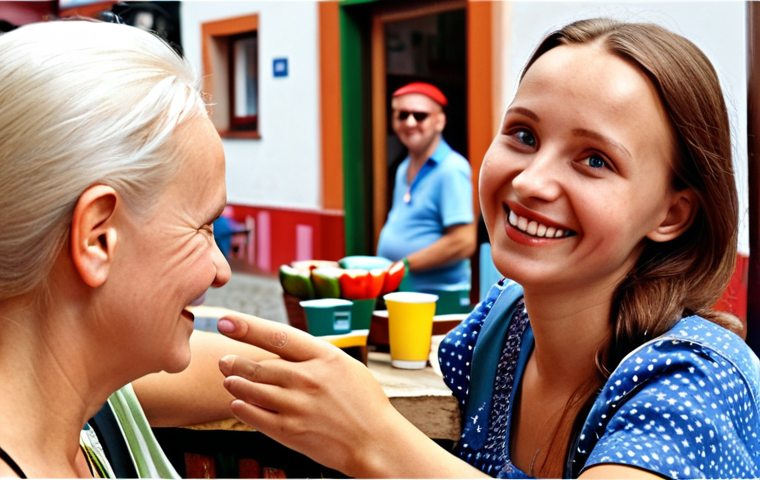 **A friendly Polish woman greeting a tourist.** Focus on a welcoming scene, perhaps in a market or cafe, showing the woman saying "Dzień dobry" with a smile. Capture the cultural ambiance of Poland.