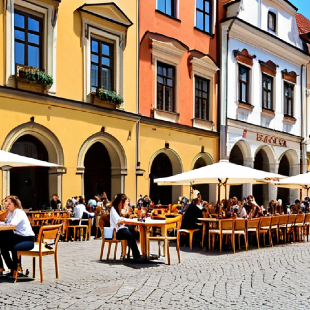 **

A vibrant street scene in Krakow, Poland, with students enjoying outdoor cafes in the Old Town Square. Capture the historical architecture, lively atmosphere, and the blend of tradition and modern life. Focus on the welcoming feeling and international student presence.

**