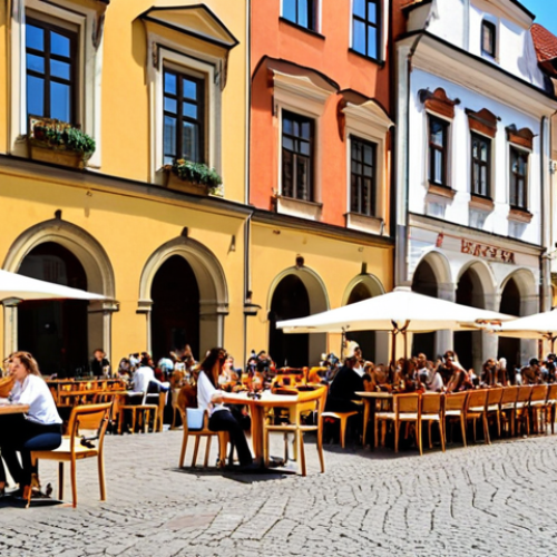 **

A vibrant street scene in Krakow, Poland, with students enjoying outdoor cafes in the Old Town Square. Capture the historical architecture, lively atmosphere, and the blend of tradition and modern life. Focus on the welcoming feeling and international student presence.

**