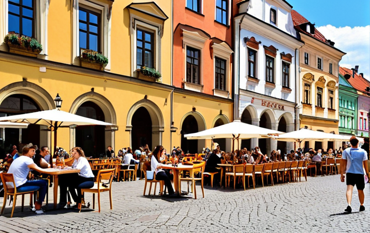 **
A vibrant street scene in Krakow, Poland, with students enjoying outdoor cafes in the Old Town Square. Capture the historical architecture, lively atmosphere, and the blend of tradition and modern life. Focus on the welcoming feeling and international student presence.
**
