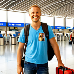 "A cheerful traveler stands confidently with their well-behaved medium-sized dog (e.g., a Labrador or Golden Retriever) at a stylized Polish border or airport arrival scene. The traveler holds up a European pet passport, and the overall mood is one of ease and successful, legally compliant entry into Poland. Bright, welcoming daylight."