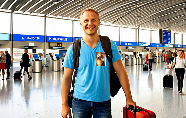 "A cheerful traveler stands confidently with their well-behaved medium-sized dog (e.g., a Labrador or Golden Retriever) at a stylized Polish border or airport arrival scene. The traveler holds up a European pet passport, and the overall mood is one of ease and successful, legally compliant entry into Poland. Bright, welcoming daylight."